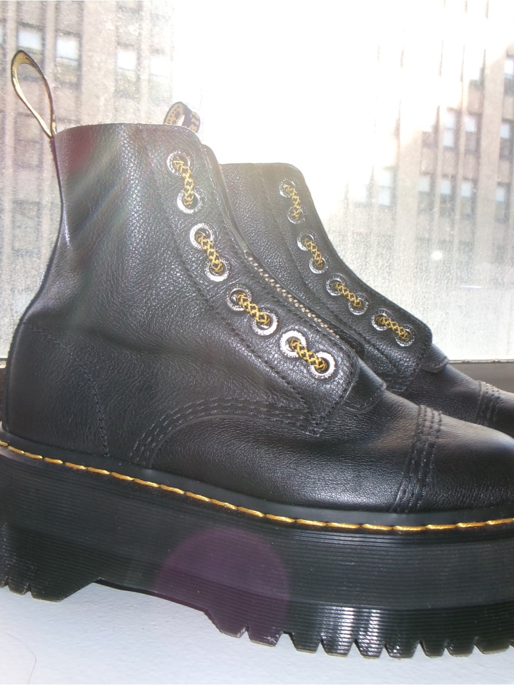 Dr. Martens Sinclair Black Leather Platform Ankle Boots with Yellow Stitching - Picture 6 of 10